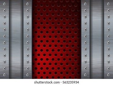 Metal brushed background with red perforated plate. Vector illustration