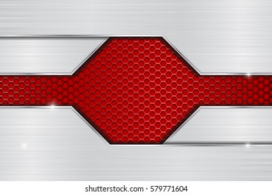 Metal brushed background with red perforated element. Vector 3d illustration