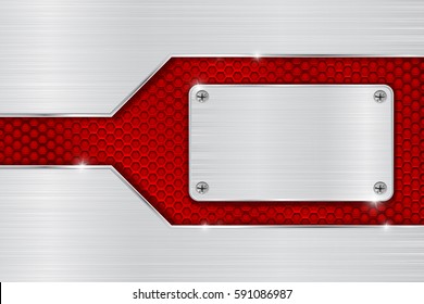 Metal brushed background with red perforated element. Vector 3d illustration