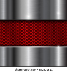 Metal brushed background with red perforation. Vector 3d illustration.