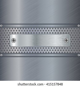 Metal brushed background with screwed plate. Vector illustration