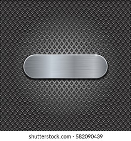 Metal brushed oval plate on perforated background. Diamond shape holes. Vector 3d illustration.