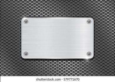 Metal brushed plate on iron perforated background. Vector 3d illustration