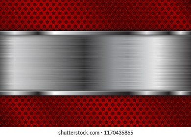 Metal brushed plate on red perforated background. Vector 3d illustration