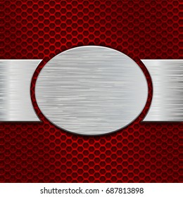 Metal brushed plate on red perforated background. Vector 3d illustration