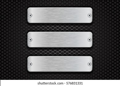 Metal brushed plate with rivets on perforated dark steel background. 3d Vector illustration
