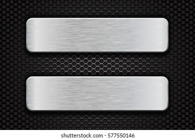 Metal brushed plates on iron perforated background. Vector 3d illustration.