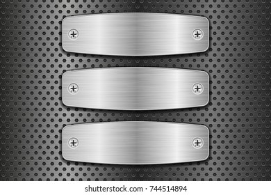 Metal brushed plates on perforated background. Vector 3d illustration