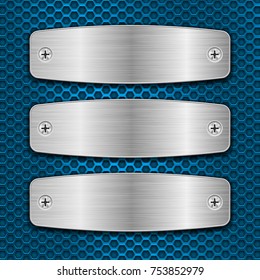 Metal brushed plates with screws on blue perforated background. Vector 3d illustration