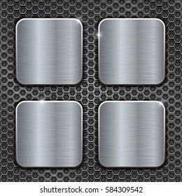 Metal brushed square buttons on perforated background. Vector 3d illustration