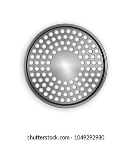 Metal brushed texture object isolated. Loudspeaker textured template object. Metallic dynamic vector illustration. Technology icon with realistic shadow. Gradient background. Tech symbol with dots.