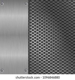 Metal brushed texture with perforation. Vector 3d illustration