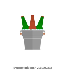 Metal bucket with beer bottles and ice cubes. Isolated vector illustration on white background.