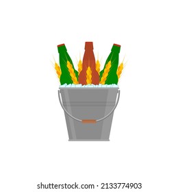 Metal bucket with beer bottles, ice cubes and wheat ears. Isolated vector illustration on white background.
