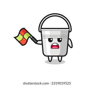 metal bucket cartoon as the line judge hold the flag up at a 45 degree angle , cute style design for t shirt, sticker, logo element