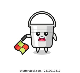 metal bucket character as line judge hold the flag down at a 45 degree angle , cute style design for t shirt, sticker, logo element