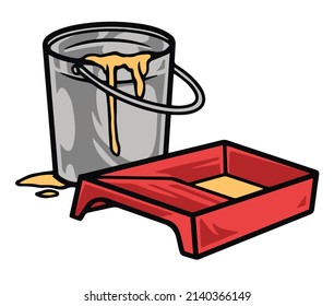 Metal bucket with dropping yellow paint and paint tray on white isolated background, vector illustration