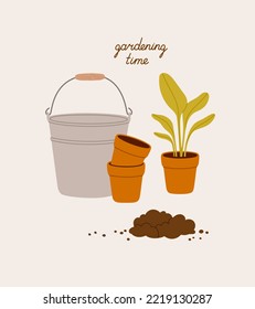 Metal bucket, flower pot, soil, compost, and hand lettering. Concept of gardening, tools for growing plants, houseplants. Ecological recycling, responsible consumption.