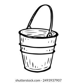 A metal bucket with a handle is hand drawn in doodle style. Garden tool for carrying water or harvesting. Vector line art illustration.