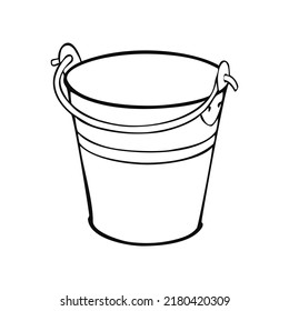 Metal bucket with handle, vector monochrome illustration on white background