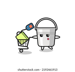 metal bucket illustration cartoon with a shopping cart , cute style design for t shirt, sticker, logo element