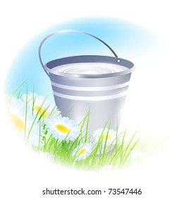 metal bucket with milk over summer meadow