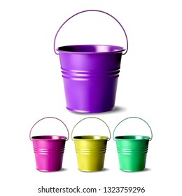 Metal Bucket Vector. Bucketful Different Colors. Classic Jar Empty. Cleaning Equipment For Water. Isolated Realistic Illustration