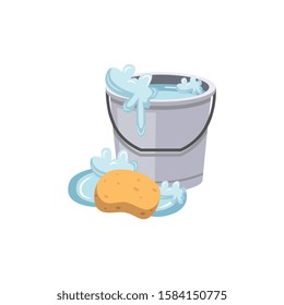 Metal bucket of water, household equipment with a handle. Bucket with foam and a splash of water, a puddle and a sponge, isolated vector cartoon illustration.