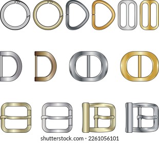 Metal buckle flat sketch vector illustration set, different types of metal trims for decorating and tailoring clothes, shoes, bags. Metal O-ring, D-ring, buckles, and belt buckles. Fashion items. svg