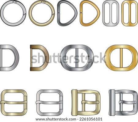 Metal buckle flat sketch vector illustration set, different types of metal trims for decorating and tailoring clothes, shoes, bags. Metal O-ring, D-ring, buckles, and belt buckles. Fashion items. 商業照片 © 