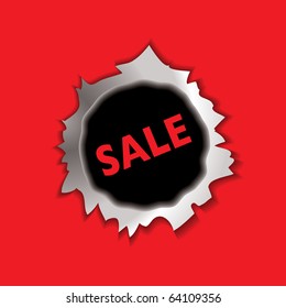 metal bullet hole with sale icon and red background