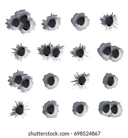 Metal Bullet Holes Set Vector. Realistic Caliber Weapon Holes Punched Through Metal Isolated. Gunshot Cracked Bullets Holes. Effect Damage Illustration
