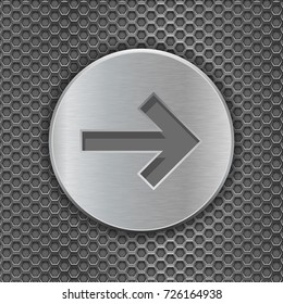 Metal button with arrow on perforated background. Vector 3d illustration