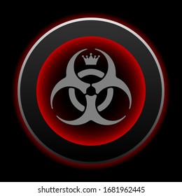 Botón Metal Signo de Biopeligrosidad con corona. Negro con sombra roja. Emblema coronavirus
