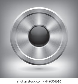 Metal button, glossy black ball in the center, vector metallic texture, round element for your project design