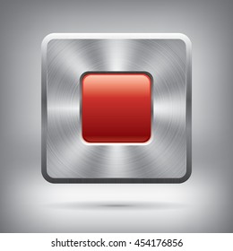 Metal button and glossy red square, vector metallic texture, square element for you project design
