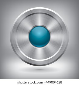 Metal button, glossy turquoise ball in the center, vector metallic texture, round element for your project design