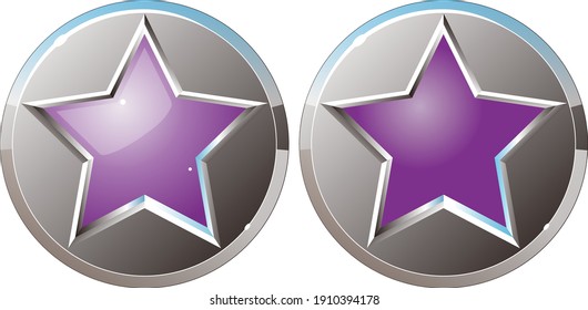 Botón metálico con estrella violeta en un círculo que se puede usar en aplicaciones y en la web