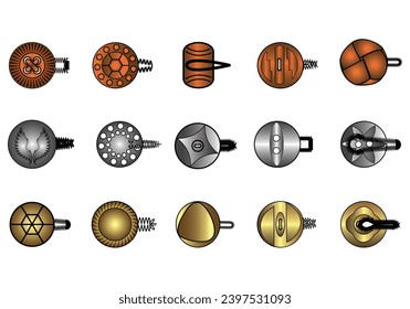 Metal Buttons flat sketch vector illustration set, different types of Shirt Buttons, Shank button, Flat buttons and Decorative buttons for fasteners, dresses garments, Jeans, Clothing and Accessories