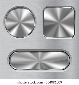 Metal buttons. Round, square and oval buttons on steel brushed background. Vector illustration.