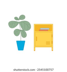 Metal cabinet for modern interior design with indoor plant. Wardrobe for locker rooms, gym, storage cells. Vector illustration