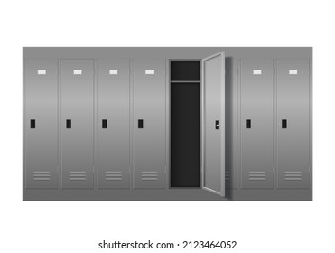 Metal cabinets, vector gym, pool or school changing room steel lockers. Isolated grey storage boxes with open and closed doors, locks and handles, shelves, blank labels and vents, 3d realistic object