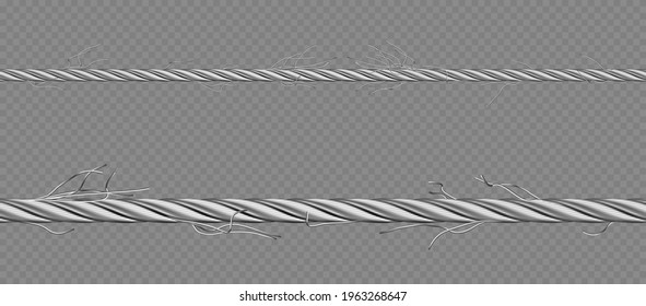 Metal cable, steel twisted twine with torn fibers. Old broken iron rope with break threads. Vector realistic border of 3d straight hawser isolated on transparent background