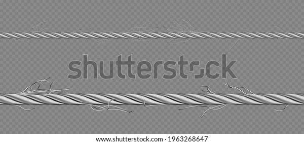 Metal cable, steel
twisted twine with torn fibers. Old broken iron rope with break
threads. Vector realistic border of 3d straight hawser isolated on
transparent background