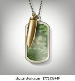 Metal camouflage tag with a bullet hanging on a chain isolated on grey background. Blank army medallion or identity necklace. Silver empty soldier badge for personal information of a military man.