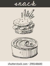 Metal can container and hamburger, in engraving etching sketch hand drawing style, for food and  fastfood design