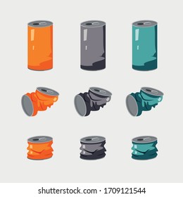 Metal can for drinks. Aluminum can. tin can. Crumpled can for drinks. Orange, blue and gray cans for drinks. Layout. Vector illustration