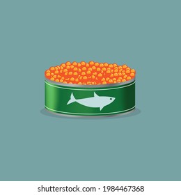 A metal can of red salmon caviar. Luxury caviar of red fish. Packaging. Russian delicacy. Vector illustration. Isolated.