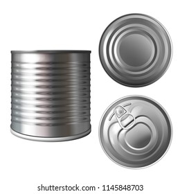 Metal can or tin vector illustration of 3D realistic container for food preserves or conserves. Isolated aluminum empty mockup model top, bottom and side with closed lid for brand design template