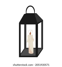 Metal candle lantern holder with a candle inside. Vector illustration isolated on a white background.